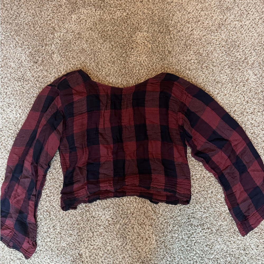 Bella Dahl Burgundy and Black Plaid Cropped Top